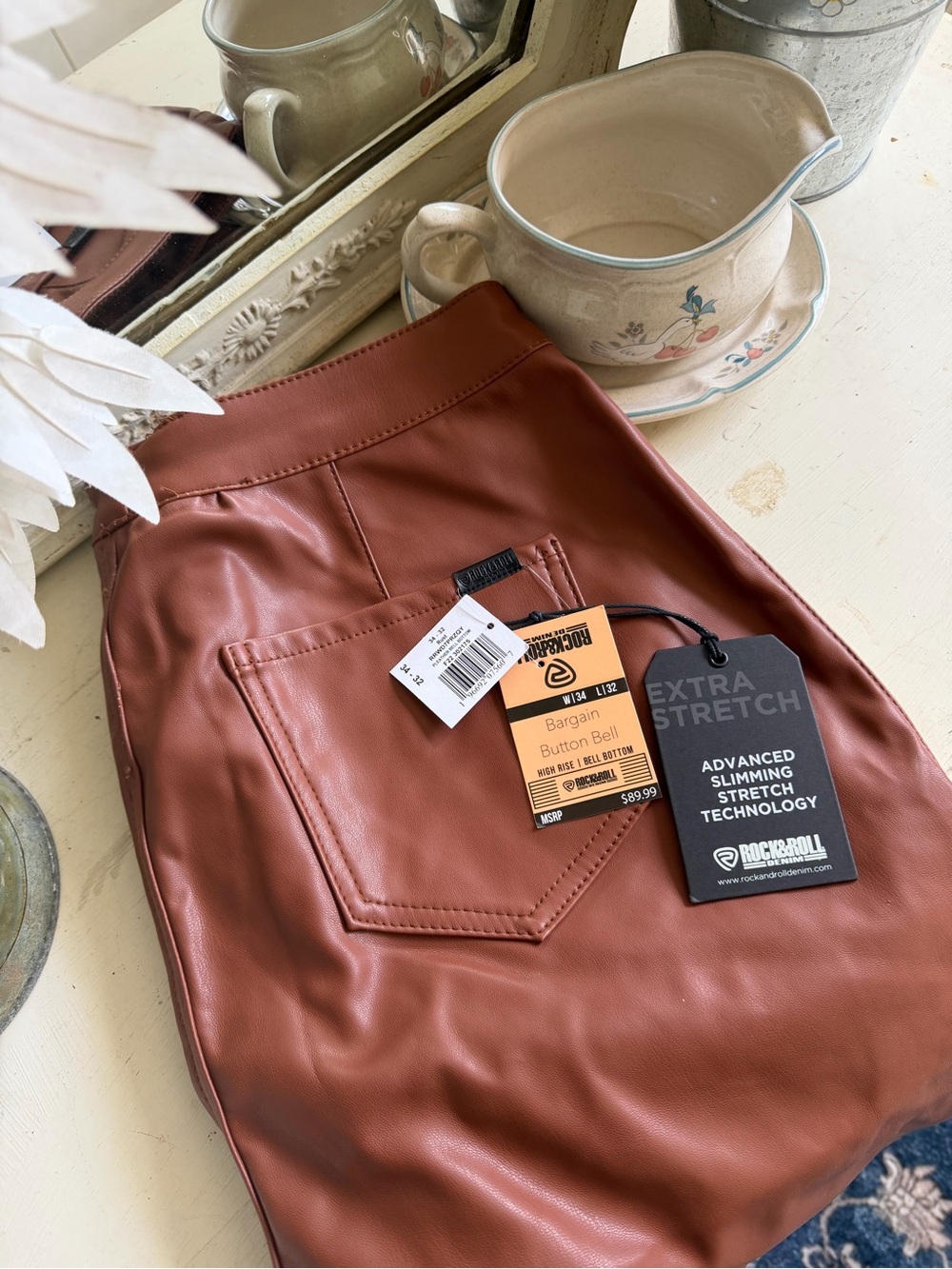 Woman’s Rock & Roll Brown Pleather Bell Bottom Pants NWT